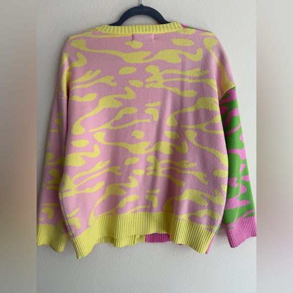 Cider Colorblock Camo Knit Cardigan Pink Green Yellow Button Sweater M - Picture 4 of 4